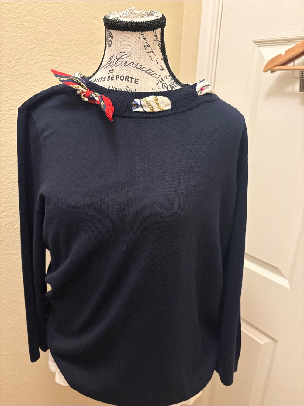 Talbots Navy Crewneck Sweater with Silk Scarf A151